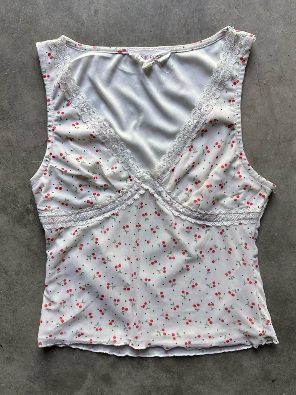 White and red cherry print lace trim mesh tank top